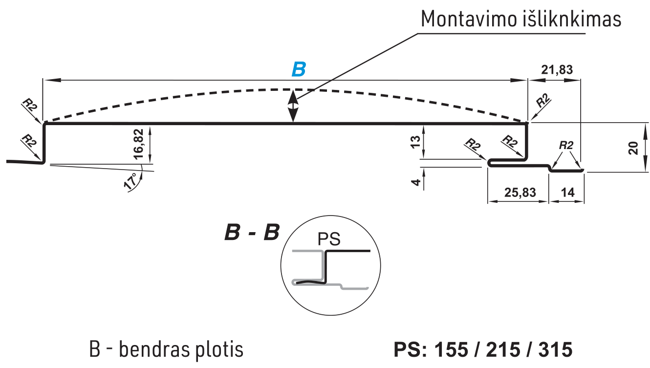 PS panelė - profilio pjūvis su matmenimis